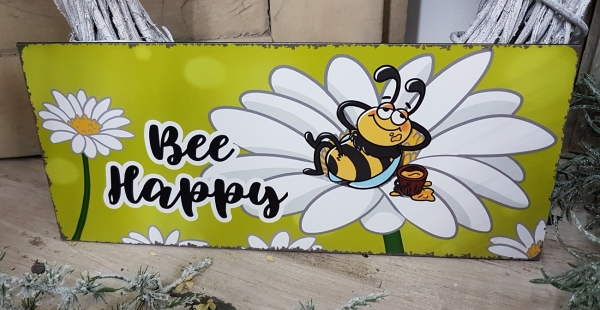 Türschild Bee happy Glückliche Biene auf Blume chillt Blechschild 30x12,5 Metall