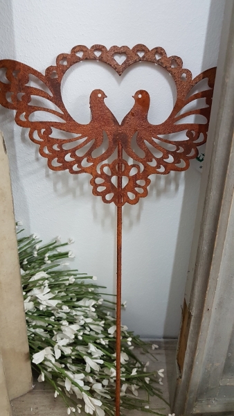 Edelrost Gartenstecker Täubchen, Taubenpaar im Herz, Gartendeko aus Metall, L 31 cm