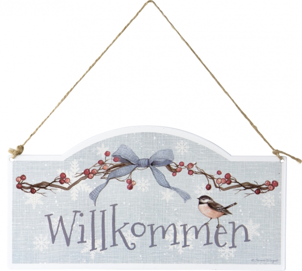 IHR Türschild Willkommen Rotkehlchen Robin, Chickadee light blue, Winter, Metall