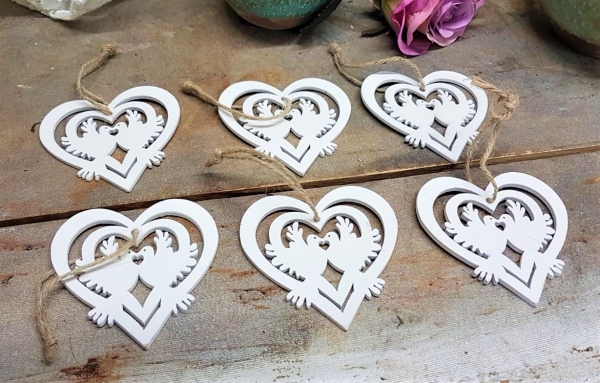 20 x Herz mit Tauben, kleines Holzherz, weiß, Romantik Hochzeitsfest