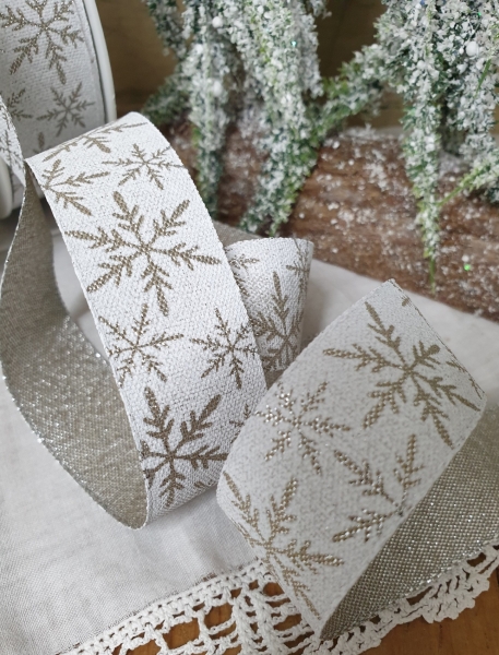 B216 4 m Dekoband mit Schneeflocken, weiß silber, winterliches Geschenkband b25mm