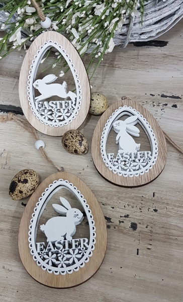 3 putzige Holzeier, Hänger mit Osterhase, Schrift Easter Ostern, 3 Motive